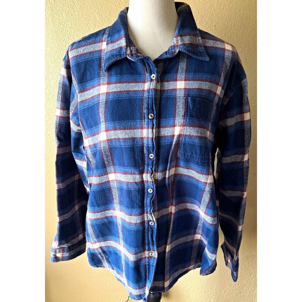 Wrangler Wrancher Womens XL Navy Plaid Flannel Shirt Western Rodeo Cotton